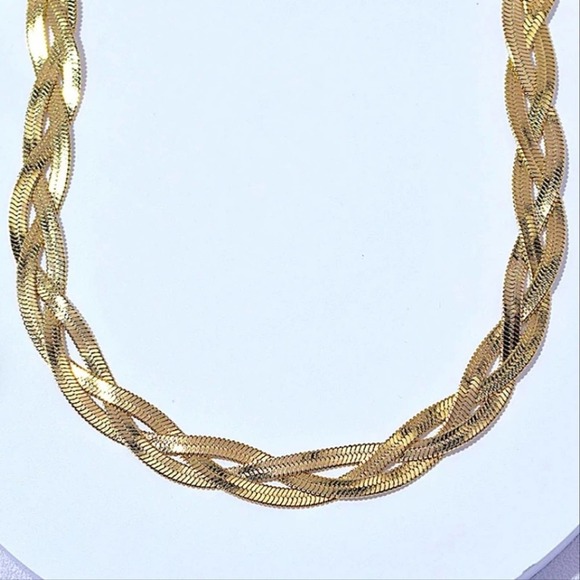 Braided Twisted Gold Plated Herringbone Snake Necklace Matching Bracelet Set - Picture 4 of 7